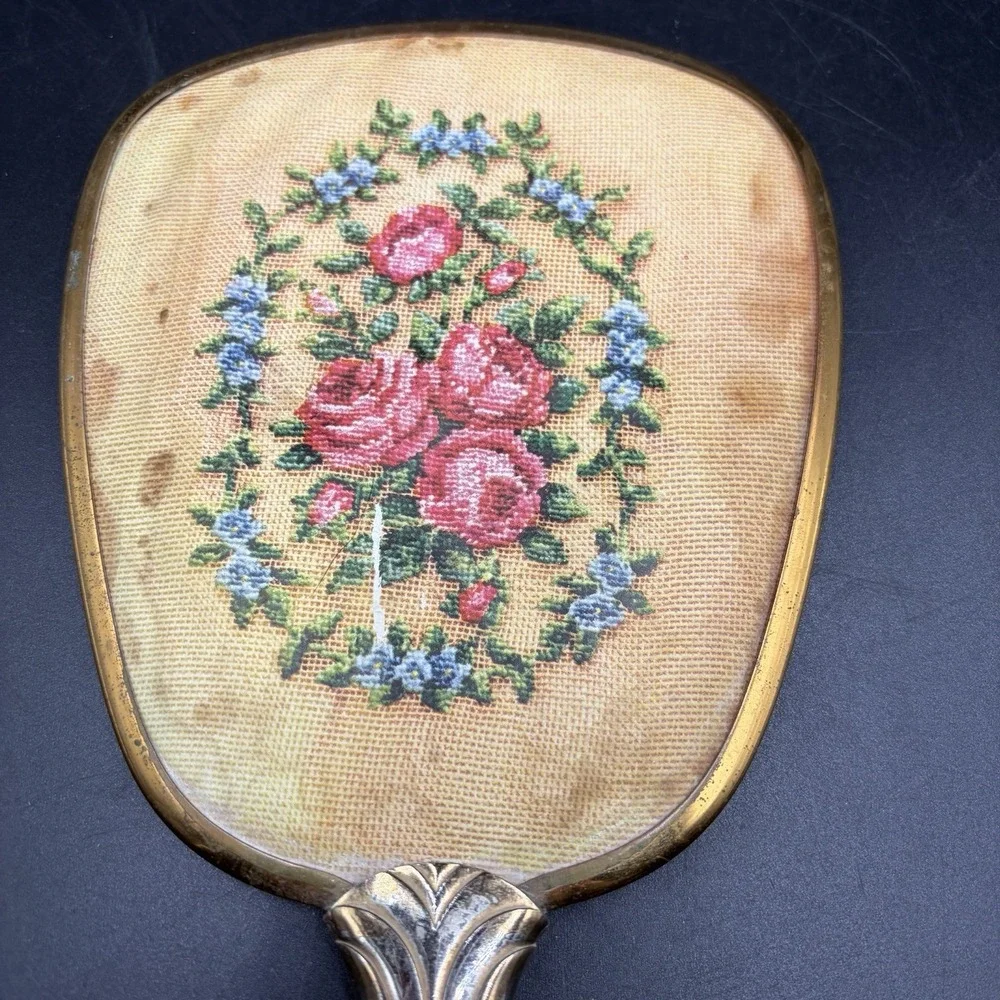 Vintage Art Deco Handheld Vanity Mirror Metal Frame Gold & Silver Victorian Rose
